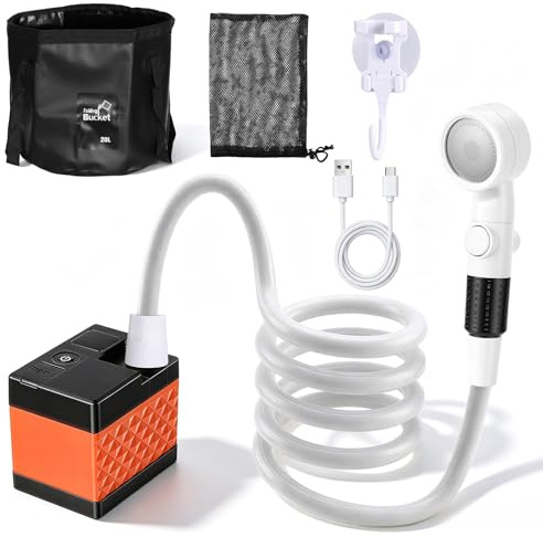 Bryzal Portable Shower for Camping with 3.7V Pump and 20L Foldable Bucket | LED Temp & Battery Display Rechargeable Camping Shower, 4 Spray Modes Portable Shower with 2M Hose for Hiking Travel Car Pet