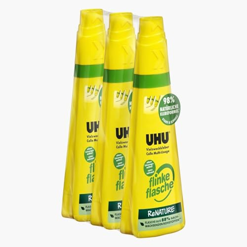 UHU Flinke Flasche ReNATURE Vielzweckkleber 3x100 g – lösungsmittelfreier Bastelkleber, 98% naturbasierte Inhaltsstoffe, auswaschbar, dermatologisch getestet