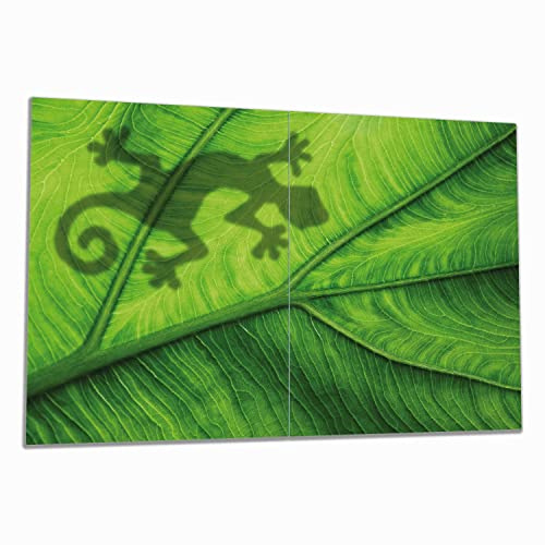 Wallario Herdabdeckplatte/Spritzschutz aus Glas, 2-teilig, 80x52cm, für Ceran- und Induktionsherde, Gecko Schatten auf grünem Blatt - Umriss