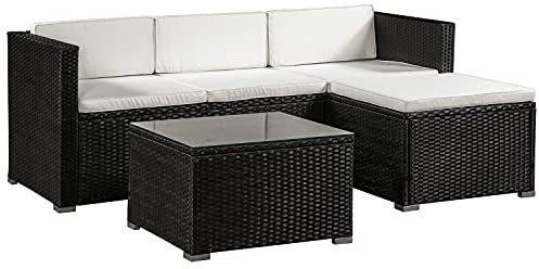 Juskys Polyrattan Lounge Punta Cana M für 3-4 Personen mit 3er Sofa, Sessel, Tisch & Kissen, Sitzgruppe für Garten, Terrasse und Balkon, Gartenmöbel Set wetterfest - schwarz/Creme