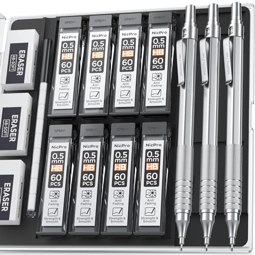 Nicpro 0.5 Mechanical Pencil Set with Case, 3PCS MP1000 Metal Artist Pencil & 8 Tube HB Lead Refills 0.5mm, 3 Erasers,9 Eraser Refills For Architect Writing Drafting, Drawing, Engineering, Sketching