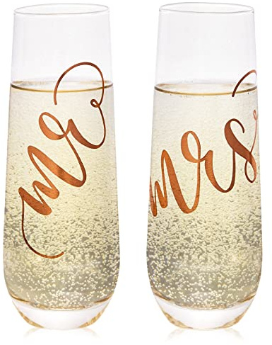 Juvale Mr & Mrs Lot de flûtes à champagne sans pied en verre transparent de 56,7 à 283,5 g, 15,2 cm, pour fête prénuptiale et liste de mariage – Cadeau de fiançailles et verres de mariée et marié