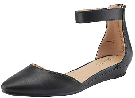 DREAM PAIRS Ballerinas Damen Flache Schuhe mit niedrigem Keilabsatz Knöchelriemen elegant Brautschuhe flach,Size 41,Schwarz/Pu
