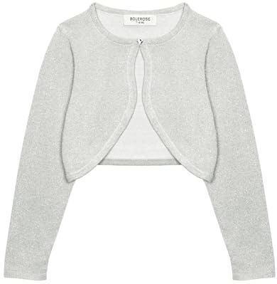 Bolerose Girls Long Sleeve Sparkle Cardigan Childrens Kids Bolero Shrug (Silver, 11-12 Years)