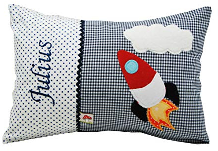 Glückspilz Namenskissen Babykissen I Rakete Raumschiff I mit Namen personalisiert I Geschenk zu Geburt, Taufe, Geburtstag I Blau I 40 x 60 cm