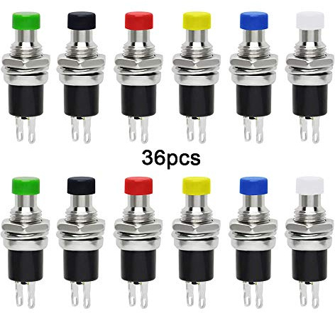 QitinDasen 36 Stück Premium 7 mm Mini Drucktastenschalter, Drucktastenschalter, normalerweise offen, 2 Pin SPST Mikroschalter, 1 A, 250 V AC (6 Farben)