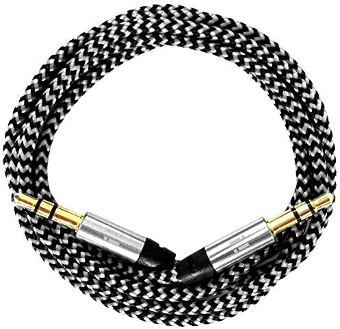 i! - 1m Premium Nylon AUX Audiokabel Klinke 3,5 auf Klinke 3,5 mit Metallsteckern - Silber weiß