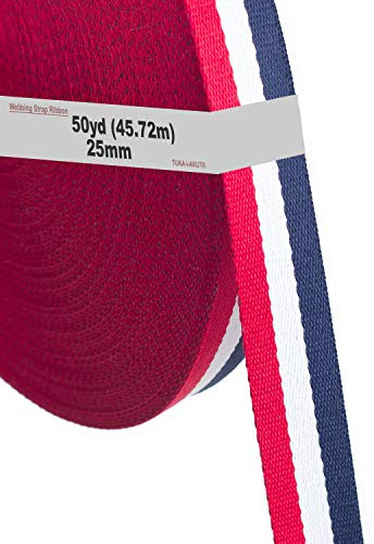 46m x 25mm Cinghia Colorato per Fettucce, Poliestere Cinghie Tessuto Tessitura Nastro, Imballaggio DIY Craft Borse Cinghie Decorazione Regalo Artigianato, Rosso / Bianco / Blu, TKB5074 redwhiteblue