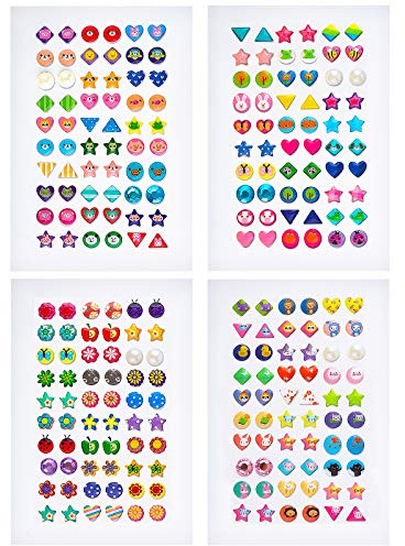 SAVITA 240 Stück Klebeohrringe Ohrringe 3D Aufkleber Selbstklebend Klebeohrringe Sticker Aufkleber Ohrringe für Mädchen Kinder Kinder Mehrere Farben und Formen (4 Blatt)
