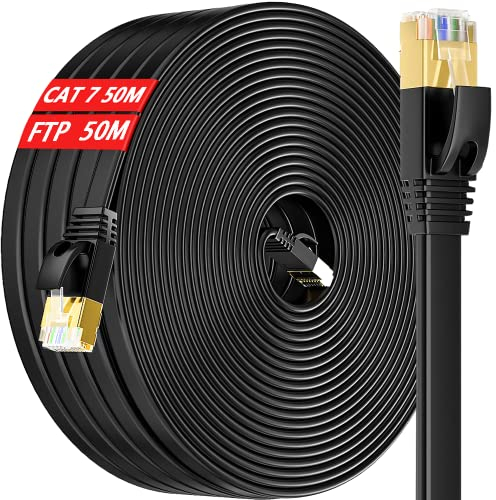 Ethernet Kabel 50m, Cat 7 Flach Netzwerkkabel 50 Meter Schwarz High Speed 10000Mbps 600MHz Wlan Kabel Gigabit Lankabelverlaengerung RJ45 Kabel Internetkabel Dünn Patchkabel für Router Modem