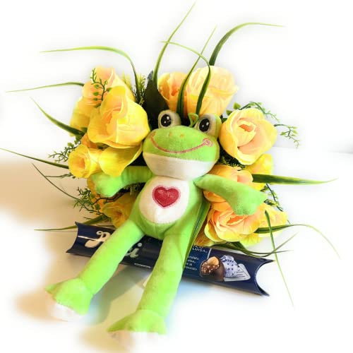 NARAMAKI Baci Perugina Idee Regalo Festa della Mamma 2025 - Bouquet di Rose Gialle Artificiali + Peluche Ranocchio + Tubo Baci Perugina 87,5gr (Tubo Grande 87,5g)