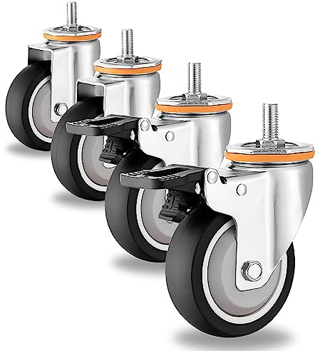 ESOYAWE M10 M12 Gewinde Vorbau Lenkrollen Ø 63 75 100 125 Mm Lenkrollen Mit Bremse 4 Stück, 360°Drehbar Keine Spuren & Leise TPR Gummirollen, Ersatzrollen Für Trolleys Möbel Werkbank