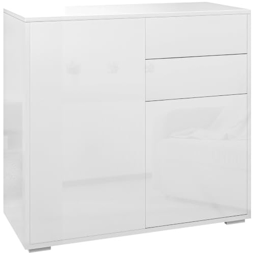 HOMCOM Meuble de Rangement Buffet Commode 79 x 36 x 74 cm Blanc Brillant | Armoire de Rangement, 2 Tiroirs, 2 Placards à Portes, Étagères Réglables, Salon, Chambre, Cuisine