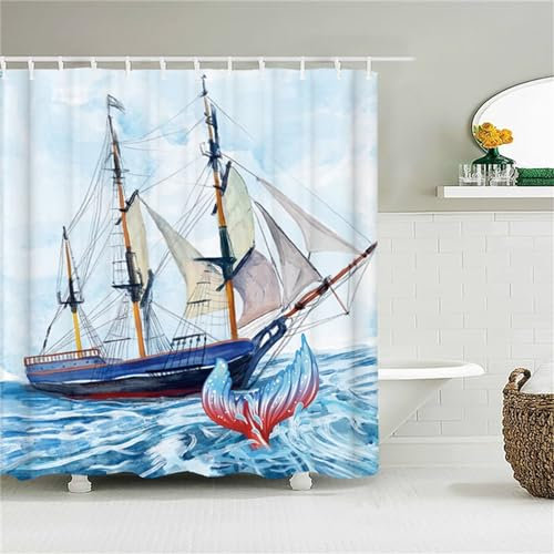 Guofuos Duschvorhang Seesegelboot 90x120cm Duschvorhäng Anti Schimmel,Wasserabweisend Stoff Duschrollo Waschbar,3D Draussen Bad Vorhang Schnell Trocknend,Badewanne Badezimmer Decor Vorhänge