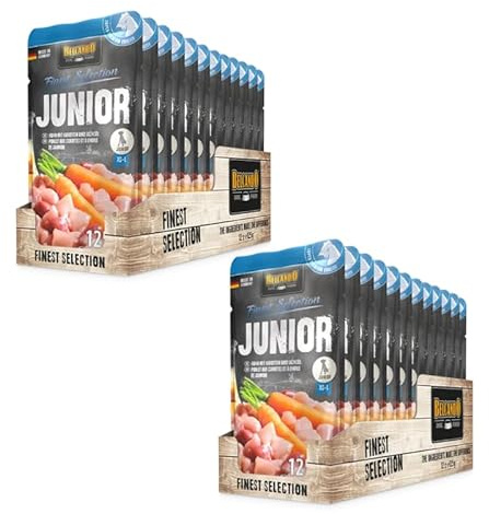Belcando Finest Selection Junior Huhn mit Karotte | Doppelpack | 2 x 12 x 125 g | Feuchtnahrung für Hunde | Für Sensible oder wählerische Junge Hunde | Kalt gresstes Lachsöl