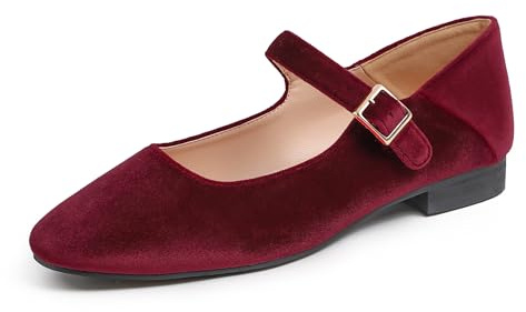 Feversole Women's Square Toe Mary Jane Fashion，Punta Quadrata Easy Buckle Tacco Basso Slip On Flats in Borgogna Velvet Taglie 38 EU