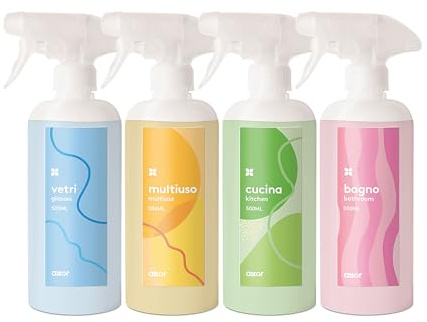 eRicambi® Starter Kit Set Detergenti Idrosolubili 4 Flaconi + 16 Pastiglie - Vetro, Multiuso, Cucina, Bagno - 500ml ciascuno - Eco-sostenibile e Plastic Free
