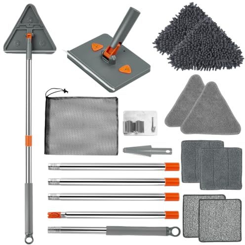 Feeloco Base Board Cleaner Tool with Handle, Wall Cleaner Mop, 8 Pads | 360° Rotated Triangle/Rectangle Head, 180° Fold Baseboard Cleaner Tool with Squeegee for Wall Ceiling Window Floor
