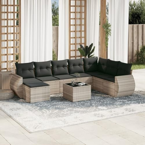 Juroupi 9-TLG. Garten-Sofagarnitur mit Kissen Gartengarnitur Lounge GartenmöBel GartenmöBel Set Lounge MöBel Outdoor Hellgrau Poly Rattan - 3221771