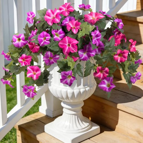Artificial Fake Flowers Plants for Outdoor Decoration, 2PCS Faux Petunias Silk Flower UV Resistant No Fade Floral for Home Outside Garden Balcony Yard Porch Realistic Indoor Decor (Fuchsia Lotus)