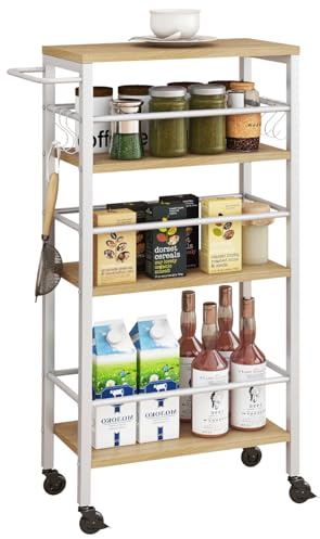 IBUYKE Slim Rolling Cart,4-Tier Metal Kitchen Storage Trolley,Trolley cart on Wheels for Narrow Space,with Handle and Wooden Tabletop,for Kitchen, Dining Room,Laundry Room,Natural TMJ065 (TMJ065R)