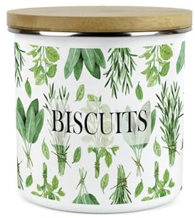 Purely Home Kitchen Herbs Small Biscuits Storage Canister - White & Green Leaf Metal Enamel 1.2L Food Storage Container Gift