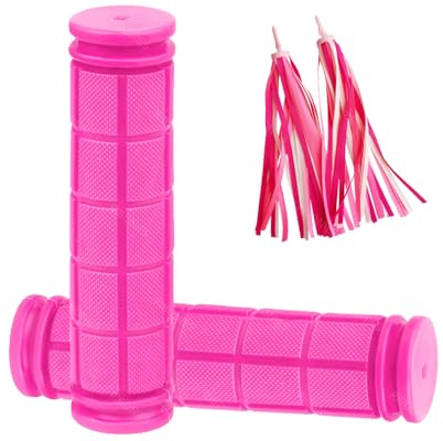 Bike Handlebar Grips with Tassel Streamers, Non-Slip Soft Rubber Bicycle Grips for Kids Girls Boys, MTB BMX Scooter Mountain Bike Bicycle Replacement Parts (Pink)