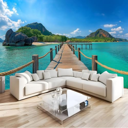 Papel Tapiz 3D, Papel Tapiz Fotográfico 350Anx256Al Cm (Anchura X Altura), Mar Puente de Madera Moderna decoración de Pared Sala Cuarto Oficina, Paisaje Natural Tela de Seda Papel Tapiz