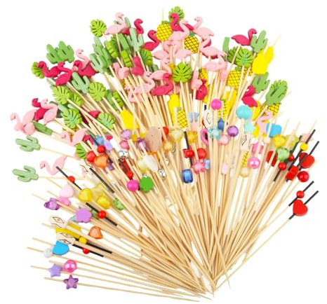 RYAN 200 Stück Cocktailspieße aus Bambus mit Motiven Holzspieße 12-13 cm Spiesse für Snacks Fingerfood Cocktail Deko für Party Geburtstag Festival Spieße Fingerfood für Obst Getränke
