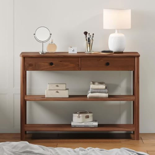 IDIMEX Table Console d'entrée APOANA L 110 cm en Bois Massif Coloris châtaignier avec 2 tiroirs et 2 tablettes, Design Naturel, Table pour Salon
