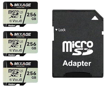 MIXAGE 3 Pack 256GB MicroSDXC Card with Adapter UHS-I U3/V30/A1/C10-175MB/s Read 110MB/s Write, 4K UHD Video Recording SD Memory Card for Smartphone, Gaming Console, Dash/Security & Sport Camera