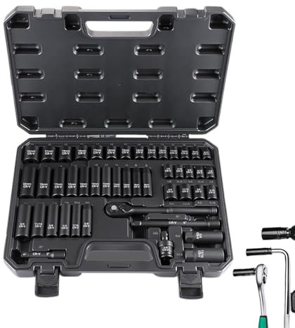 Genérico Juego De Dados De 9.5 Mm | Juego Profundo Y Estándar De 47 Piezas Con Trinquete - Llave De Vaso Con Accesorios Y 72 Dientes Para Taller Mecánico, Hogar, Fontanería Y Reparación De