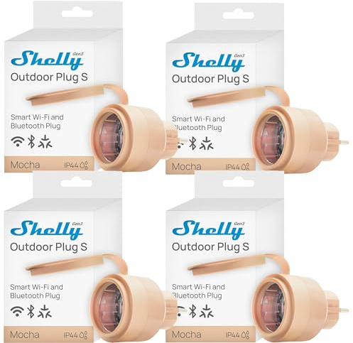 Shelly Outdoor Plug S Gen3 Viererpack, WLAN Smarte Steckdose für den Außenbereich, IP44, Matter-Zertifiziert, 12A, 2500W, Außenbeleuchtung, Leistungsmessung, Außenautomatisierung, Alexa, Google