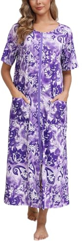 Rubehoow Dressing Gown Robe for Women Short Sleeve Zipper Robe Full Long Lounge Mumus Nightgown with Pockets