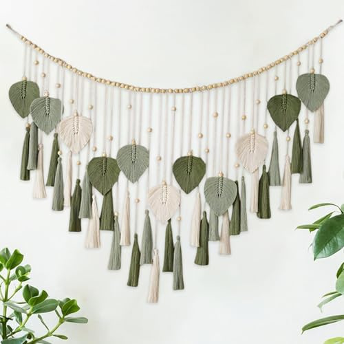 inodiref Tapiz de macramé grande hecho a mano con borlas, estilo bohemio, con perlas de madera, hojas verdes, beige, decoración de pared para dormitorio, salón y habitación de los niños (125 x 75 cm)