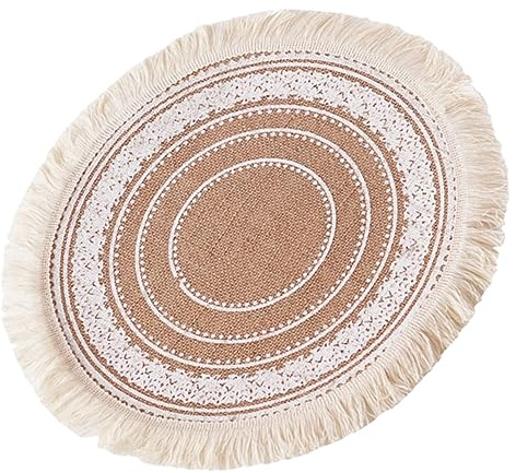 DECOMELODY Set de Table Décoration Vintage Rond Bordure à Franges Tissé en Lin et Coton Protection Antidérapante et Isolante pour de Salle à Manger
