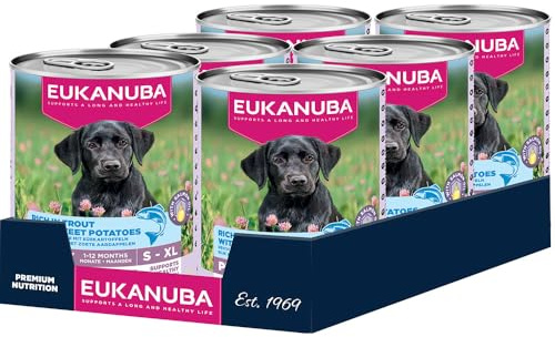 Eukanuba Valpmat våt med öring och sötpotatis, spannmålsfritt premium våtfoder för junior hundar, 6 x 400 g burkar