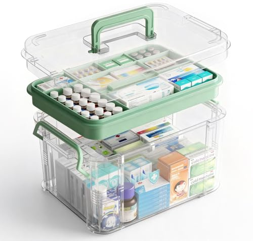 AquaLume Boîte de rangement transparente pour médicaments de 15 l avec poignée confortable et compartiments réglables, boîte à médicaments pour organiser les médicaments, les premiers secours et les