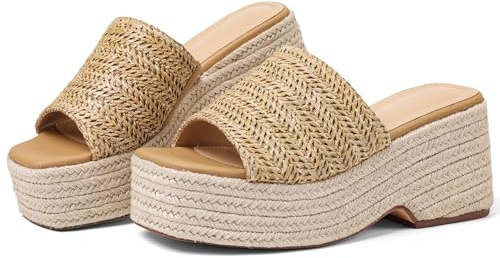 EQAUDES Raffia Sandals Women Summer Beach Wedges Espadrilles Slides - Platform, Open Toe, Slip on, Natural, Trendy, Bohemia,Cute, Shoes