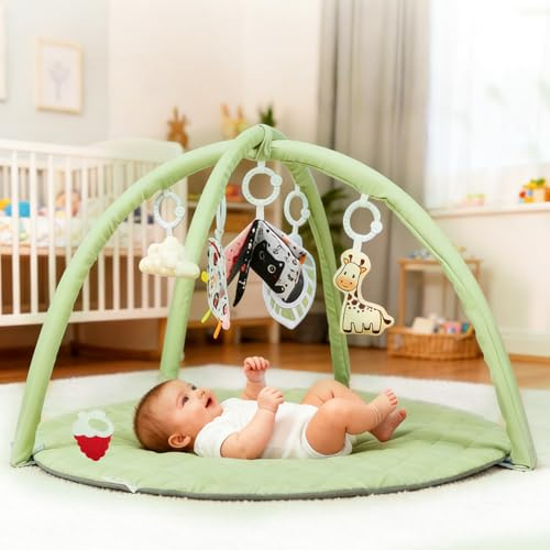 Baby Play Mat Activity Play Gym with 6 Hanging Toys and Mirror Tummy Time Playmat Early Sensory Development Play Mat for Infant Newborn Indoor and Outdoor Playmat Activity Play Gym 0–36 Months
