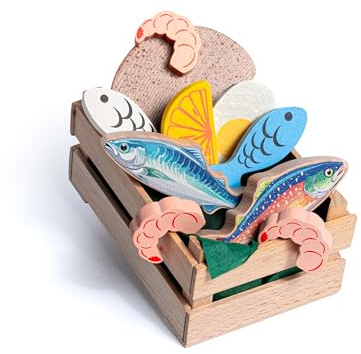 Erzi 28233 Sortiment Fisch, klein aus Holz, Kaufladenspielzeug für Kinder | Kaufmannsladen, Rollenspiele, Kreative Spielwelten gestalten
