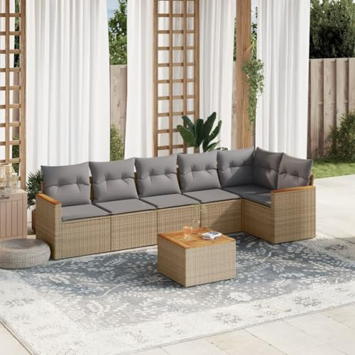 QJBSAVVA 7-TLG Garten Lounge Set Beige Poly-Rattan mit Akazienholz-Tisch, Eckbank & Mittelsofa, modulare Sitzgruppe 62 x 62 x 69 cm UV-beständig, leicht aufzubauen für Balkon Terrasse Garten