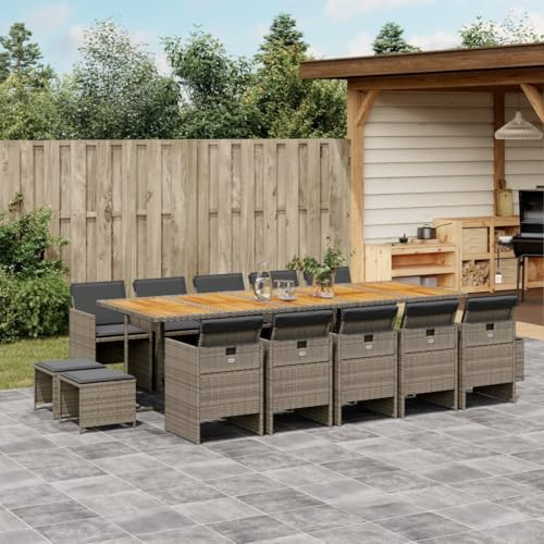 QJBSAVVA 15-TLG. Sitzgruppe Outdoor mit Akazienholztisch 275x106 cm Grau Poly Rattan Klappstühle & Hocker mit dunkelgrauen Kissen Robust und platzsparend für Garten Terrasse Balkon