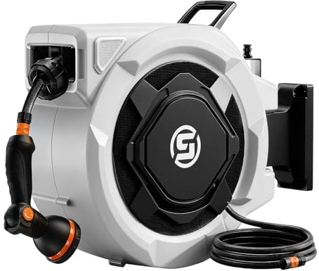 SUNPOW Retractable Hose Reel- 16mm Diameter x 20m Heavy Duty Wall-Mounted Hose Pipe with 10-Function Nozzle - Auto Rewind, Any Length Lock, 180° Swivel Bracket- Strong Water Flow, No Tangle