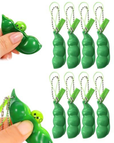 SCJJZ 8 Stück Quetschbohnen Schlüsselanhänger Squishy Erbsenkapsel,squeeze toy,Squishy Sojabohnen Anhänger Spielzeug bringen Spaß Schlüsselanhänger Handykette Tasche Anhänger für Kinder (Grün)
