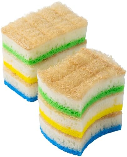 K-STH (6 Pack) Thicker 3-Layer Washing Up Sponges, Non Scratch Eco 2-Sided Natural Loofah & Cellulose Scouring Pads, Colour-Coded Biodegradable Compostable for Kitchen Cleaning, Dish & Pan Scrubbing