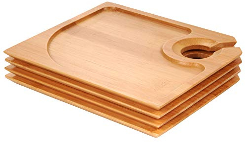 BambooMN 7 x 5.9 Bamboo Cocktail Appetiser Plates with Wine Glass Holder, 4 Pieces