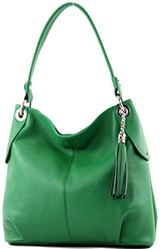 modamoda de T185 Damen Leder Schultertasche Handtasche handmade in Italy, Farbe:Blattgrün