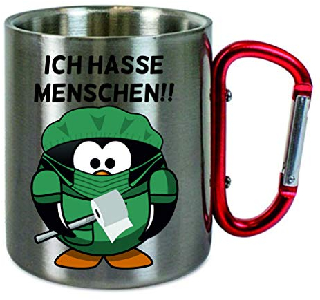 CreaLuxe Edelstahltasse mit Karabiner 'Ich hasse Menschen - Pinguin mit Maske' Tasse bedruckt, Kaffeetasse, Bürotasse, Metalltasse mit Name