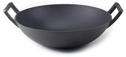 Hanseküche Gusseisen Wok – Hochwertige eingebrannte Wokpfanne, induktionsgeeignet – Robuste und rustikale Gusspfanne (35,5 cm Durchmesser)